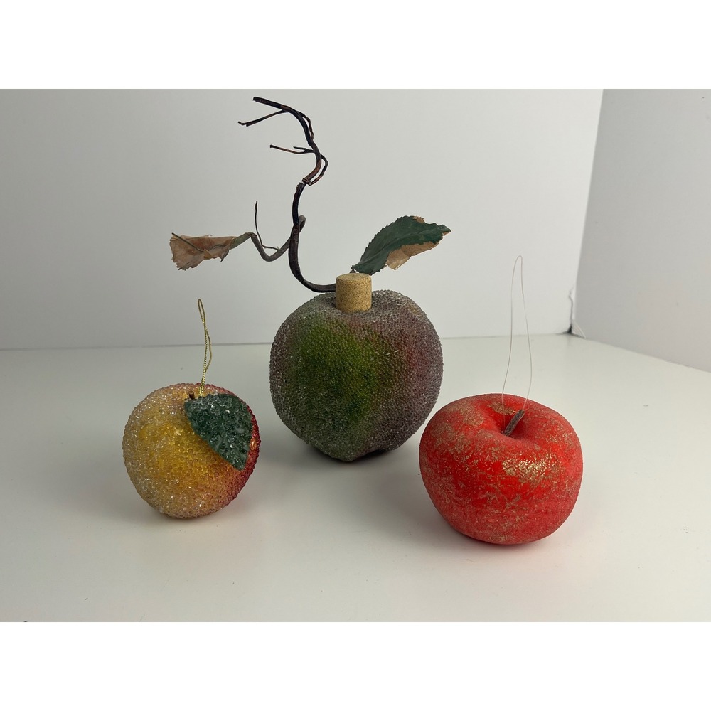 Set of 3 Vintage Sugar Beaded‎ Apples Glittered Red Green Yellow Home Decor